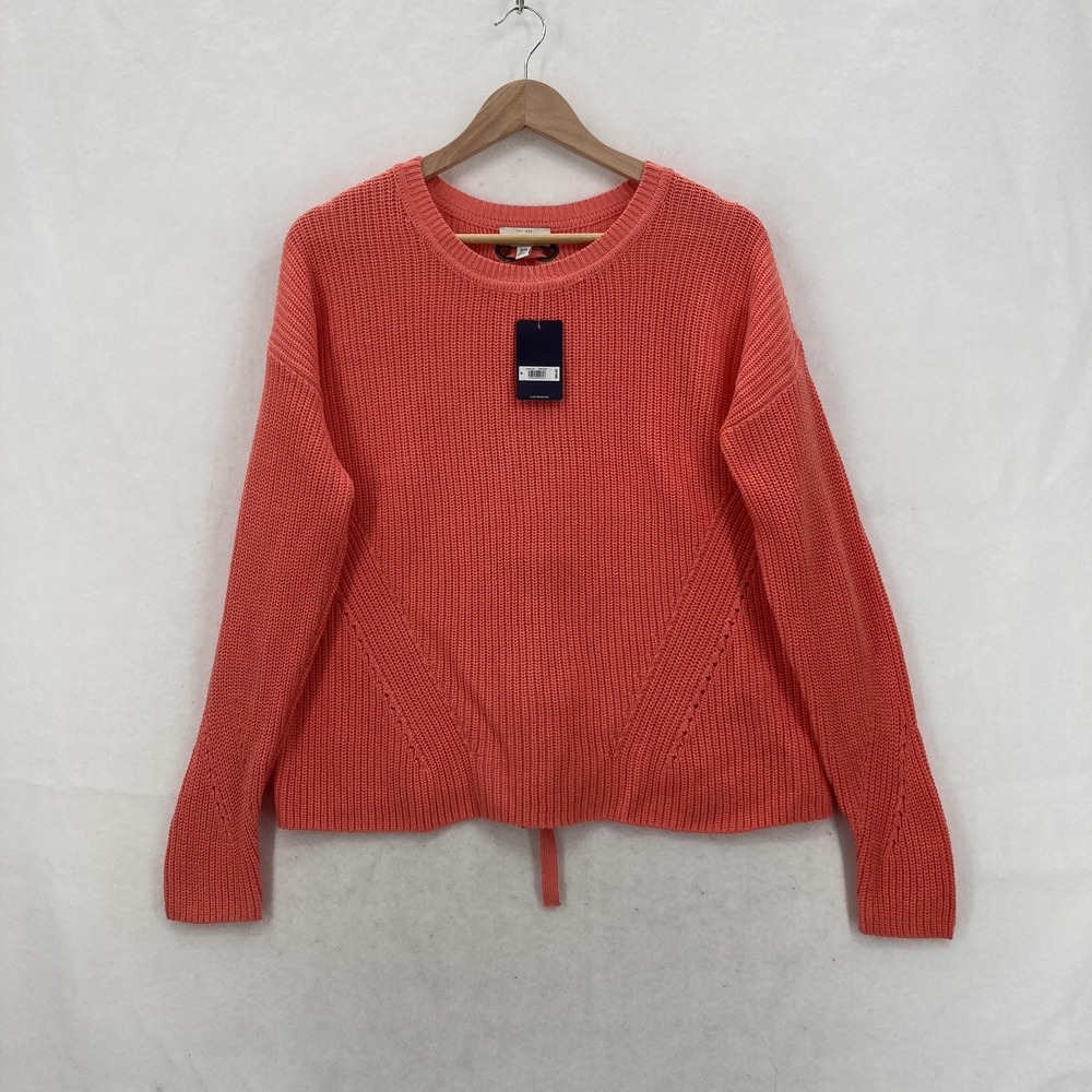Lucky Brand Sweater Womens Medium Coral Lace Up Back Crewneck Pullover Preppy